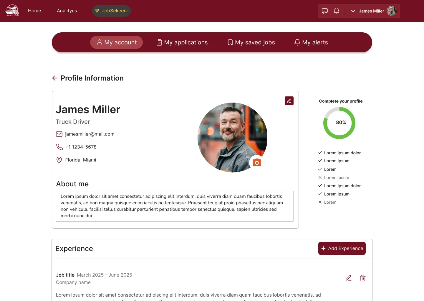 Job Seeker - Build Driver Profile Screen